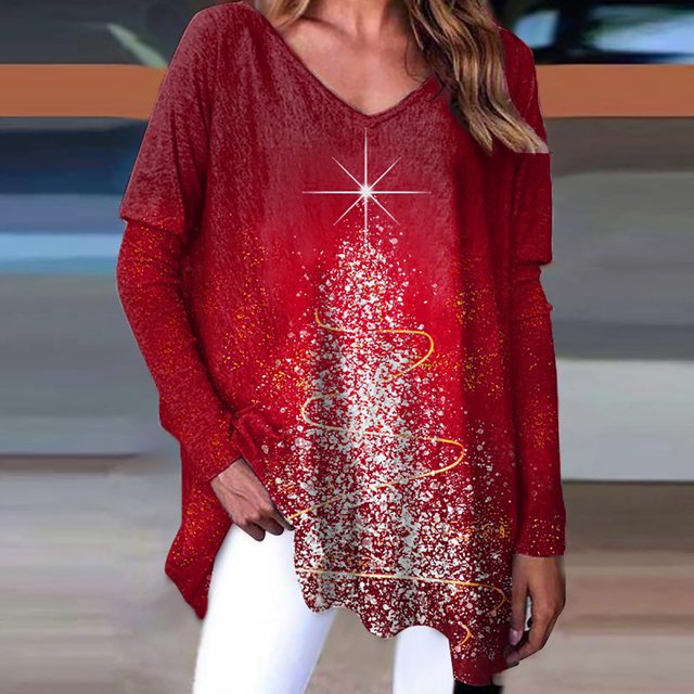 Pntutb, camisas casuales de manga larga para mujer, suéter, túnica suelta, tops, blusa con cuello en V y estampado navideño Pntutb Pntutb-7117