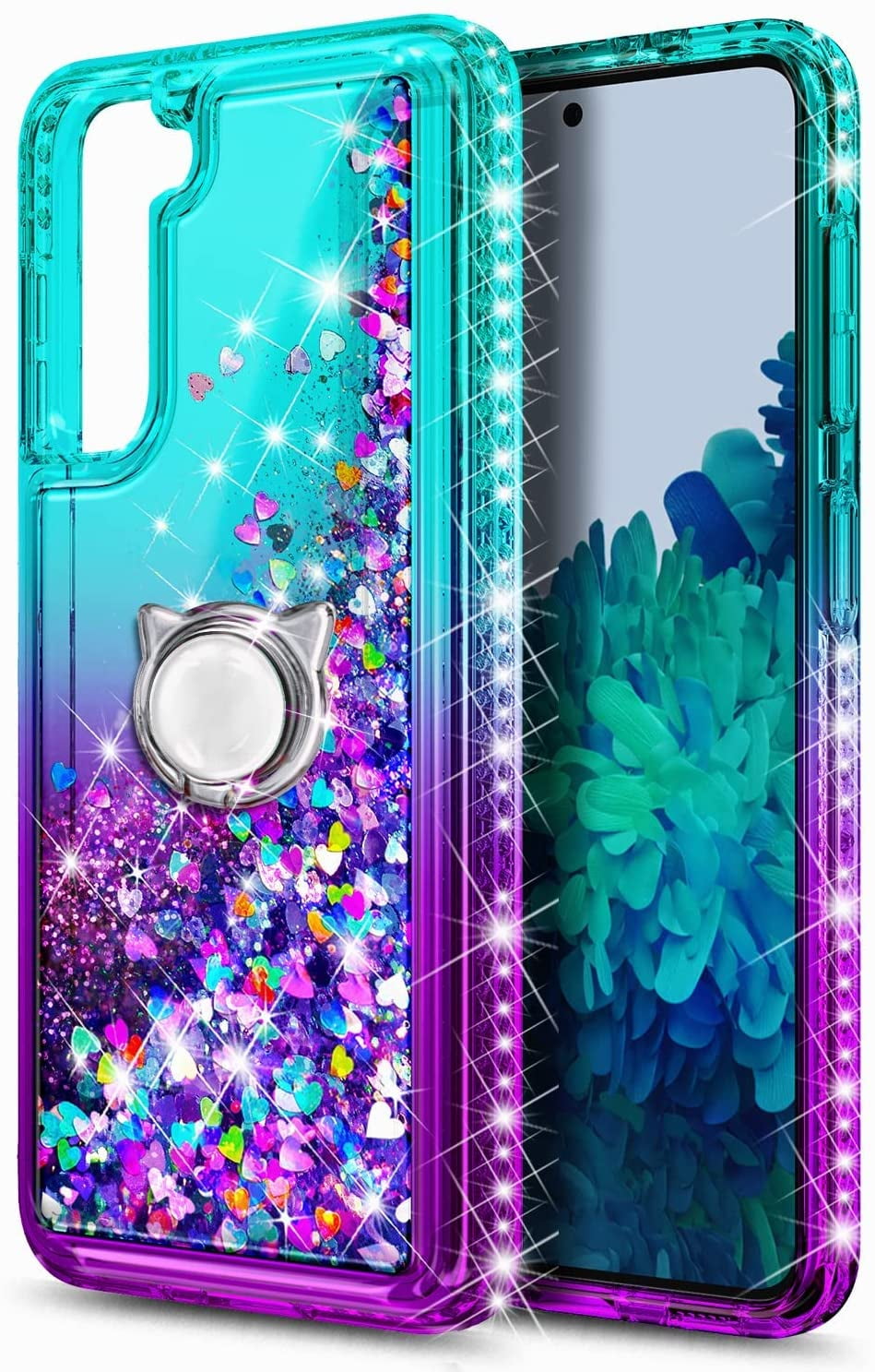 Nagebee Case for Samsung Galaxy S22 5G / S22+ Plus 5G / S22 Ultra 5G with Tempered Glass Screen Protector, Sparkle Glitter Liquid Bling Diamond [Ring Holder & Wrist Strap] Women Girls (Aqua/Purple)