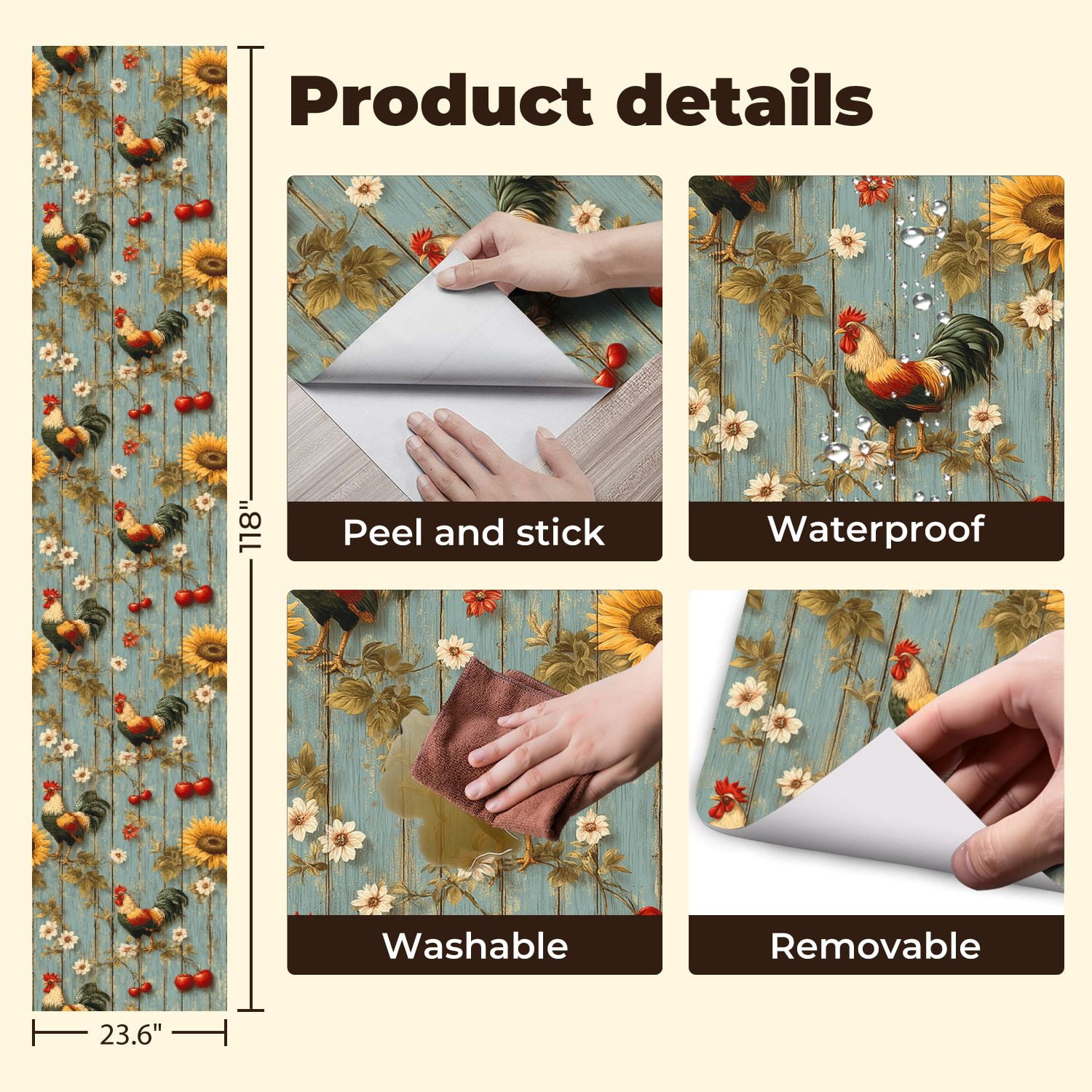 Chicken Peel and Stick Wallpaper Rooster Sunflower Rustic Farmhouse Blue Wooden Wall Mural 23.6in x 9.8ft Self Adhesive Removable Wall Paper Renter Friendly Wallpaper for Nursery Bedroom Cabinets