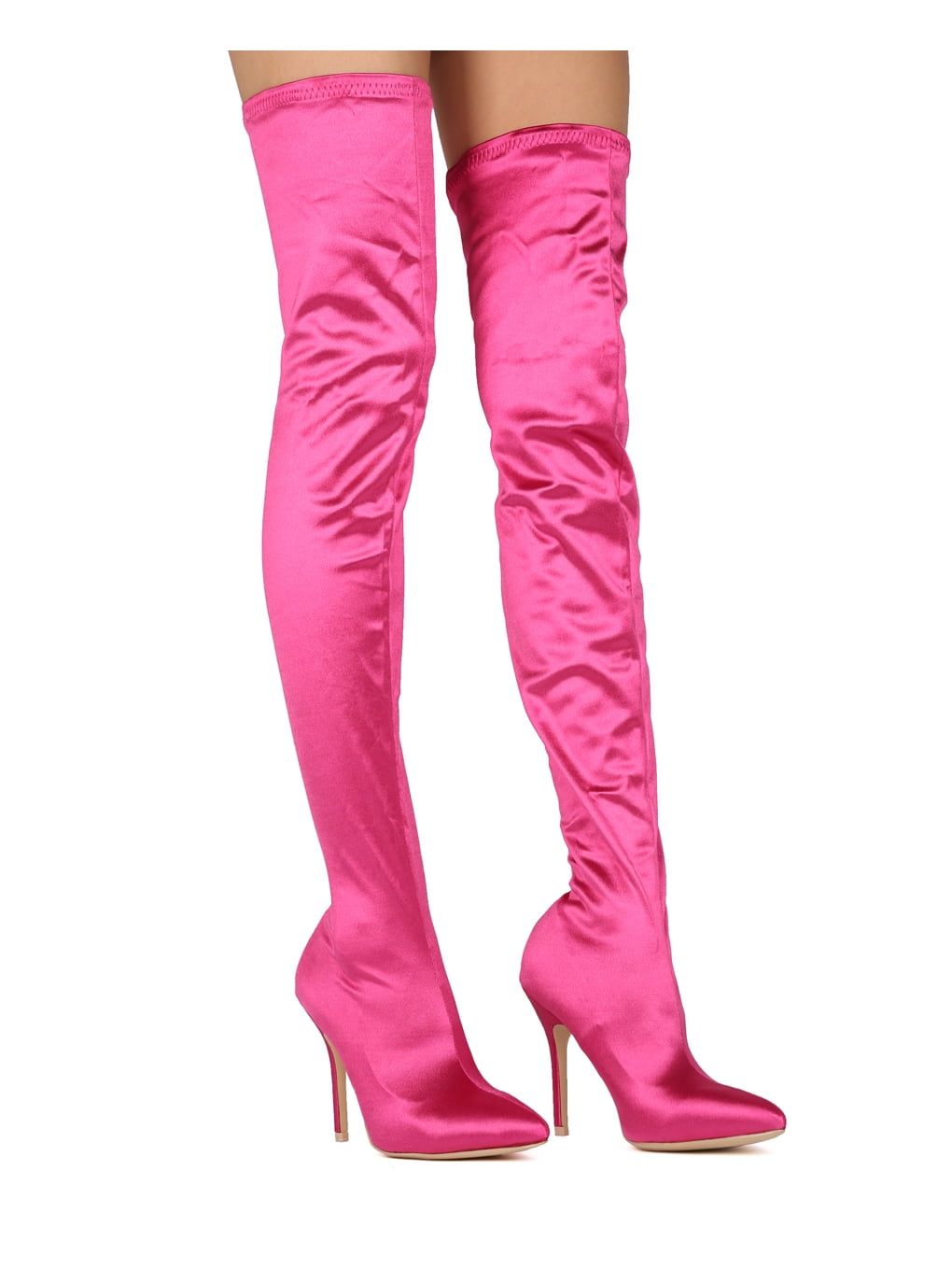 pink satin thigh high boots