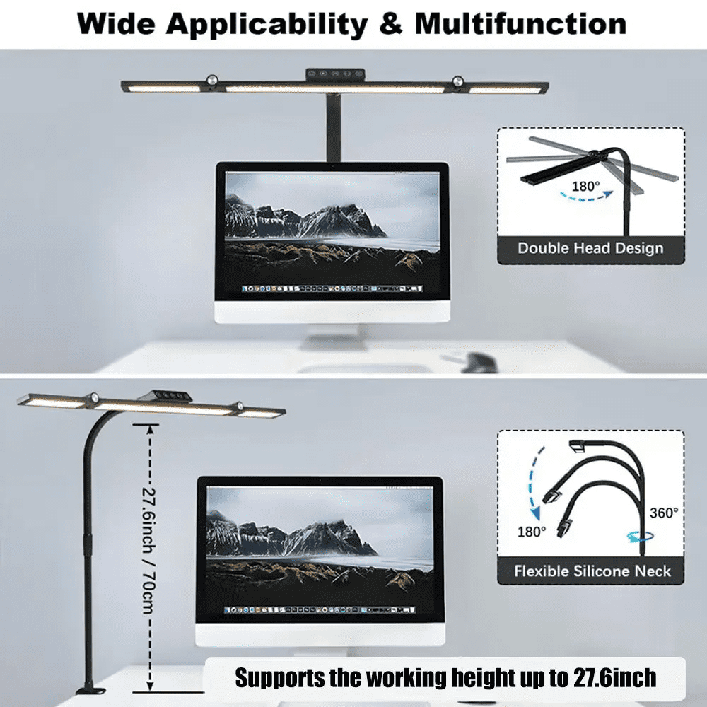 Large LED Desk Lamp with Clamp, 24W Double Head Desk Light, Stepless Dimmable Swing Arm Office Lamp with Remote for Home Office, Study