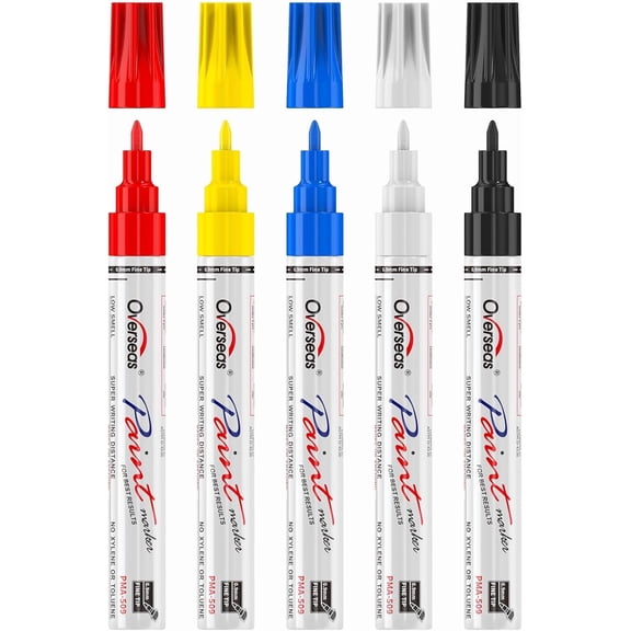 Overseas Oil-Based Fine Tip Paint Marker Pen - 5 Colors 0.9mm Fine Nib Permanent Markers, Quick Dry, Waterproof, Fade Resistant Paint Pens for Metal, Wood, Rock, Plastic, Ceramics, Rubber, Glass