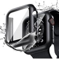 thumbnail image 3 of 2 Pack Boîtier en PC Dur avec Protecteur d'Écran en Verre Trempé Compatible avec Apple Watch Série 7, Ultra-Mince Résistant aux Rayures Couverture de Protection Globale pour iWatch S7, Noir/transparent (45mm), 3 of 5