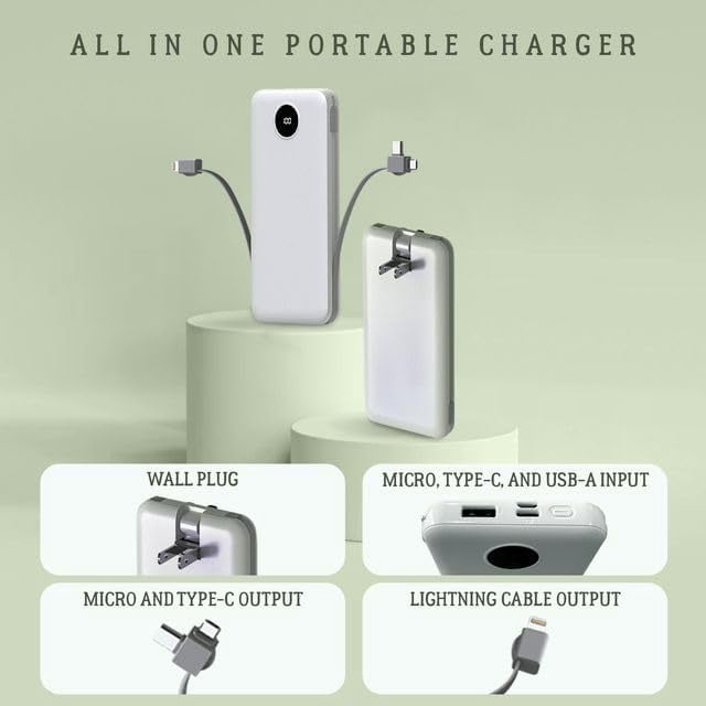 Portable Charger with Built-in AC Plug and Cables, All in One 10000mAh Ultra-Slim Power Bank, 15W Fast Charger