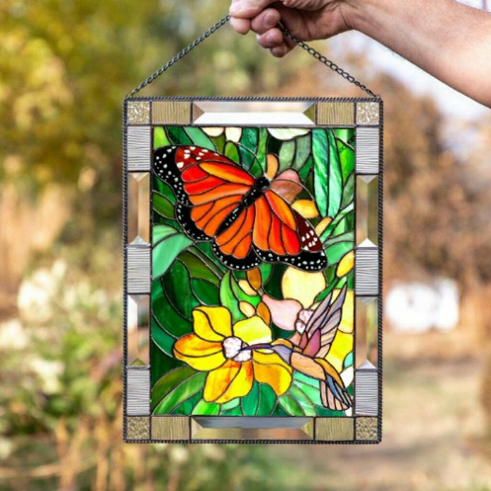 10x14 MONARCH BUTTERFLY Floral Stained Art Glass Suncatcher 
