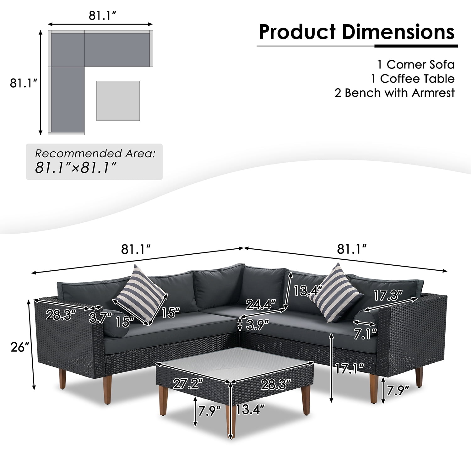 Kadyn 4-pieces Outdoor Wicker Sofa Set, Wicker Patio Furniture with Colorful Pillows, Modern L-shape sofa set for Garden, Black+ Gray Kadyn 4-pieces Outdoor Wicker Sofa Set, Wicker Patio Furniture with Colorful Pillows, Modern L-shape sofa set for Garden, Black+ Gray
