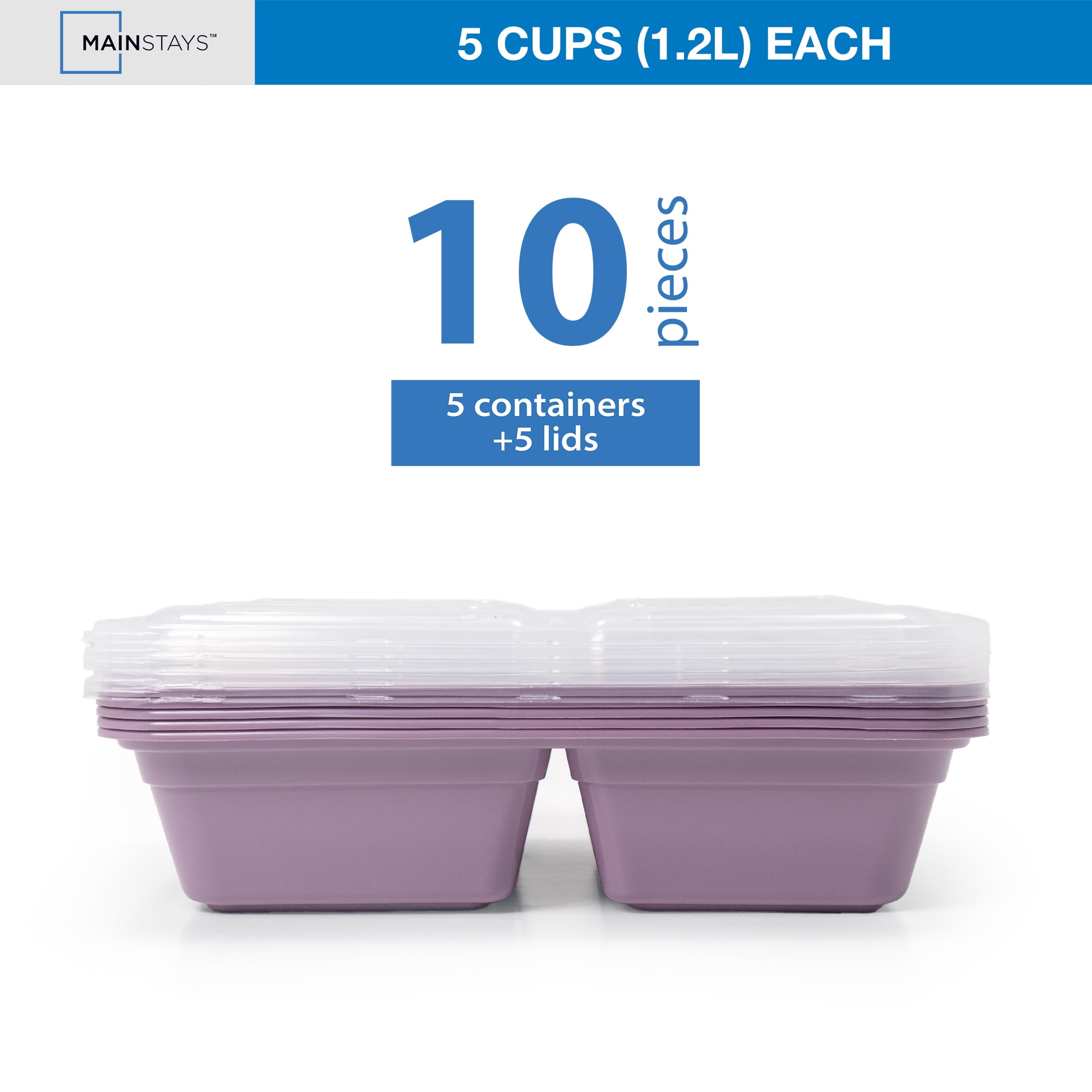 Mainstays 5-Pack 3-Compartment BPA-Free Plastic Meal Prep Food Storage Containers, 1.2L, Lilac Bloom