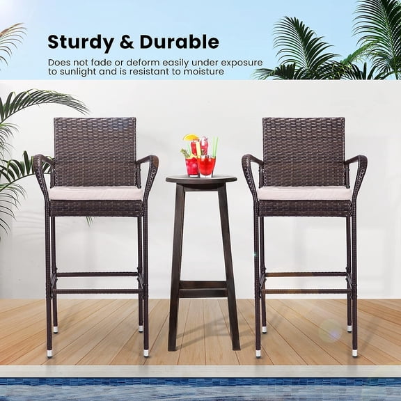 SPECSTAR Outdoor Wicker Bar stools Chair with Armrests and Cushions, 2-Packs Set