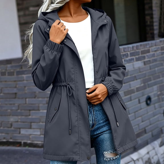 Craaazy Womens Outerwear Hooded Solid Color Waterproof Jackets with Adjustable Waist and Pockets Casual Windbreaker Coats for Spring Fall Outdoor Activities