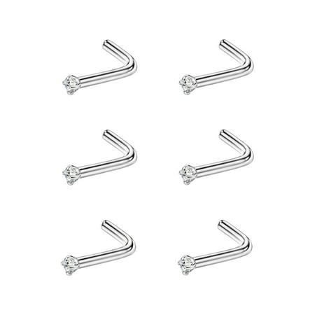 6pcs 18g 1.5mm Screw Nose Rings for Women Diamond CZ Nose Stud Rings Silver 6.5mm Length L Shaped Nostril Piercing Jewelry 18 Gauge Nose Jewelry Surgical Steel