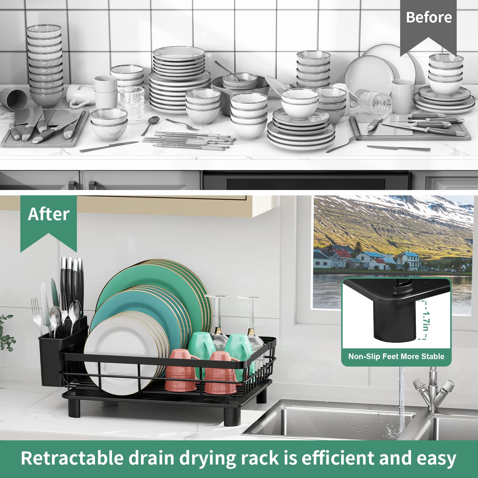 Dish Drying Rack  Stainless Steel Racks For Kitchen Counter Drainer With Removable Utensil Holder Drainboard (black 13''w X 17''l)