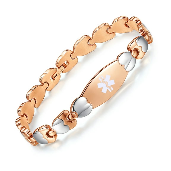 Linnalove Women 7.5 Inches Double Heart Medical Alert Bracelet - Rose Gold
