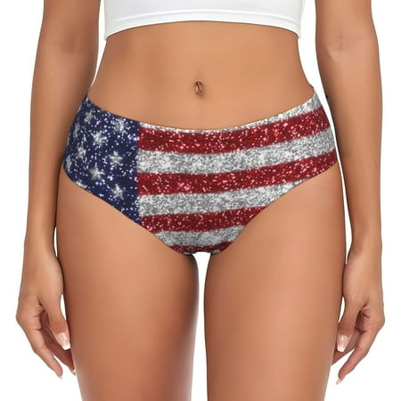 Naloa America Flag Glitter Womens No Show Cotton Underwear Mid-High Waisted Soft Ladies Panties Strech Breathable Briefs -Small