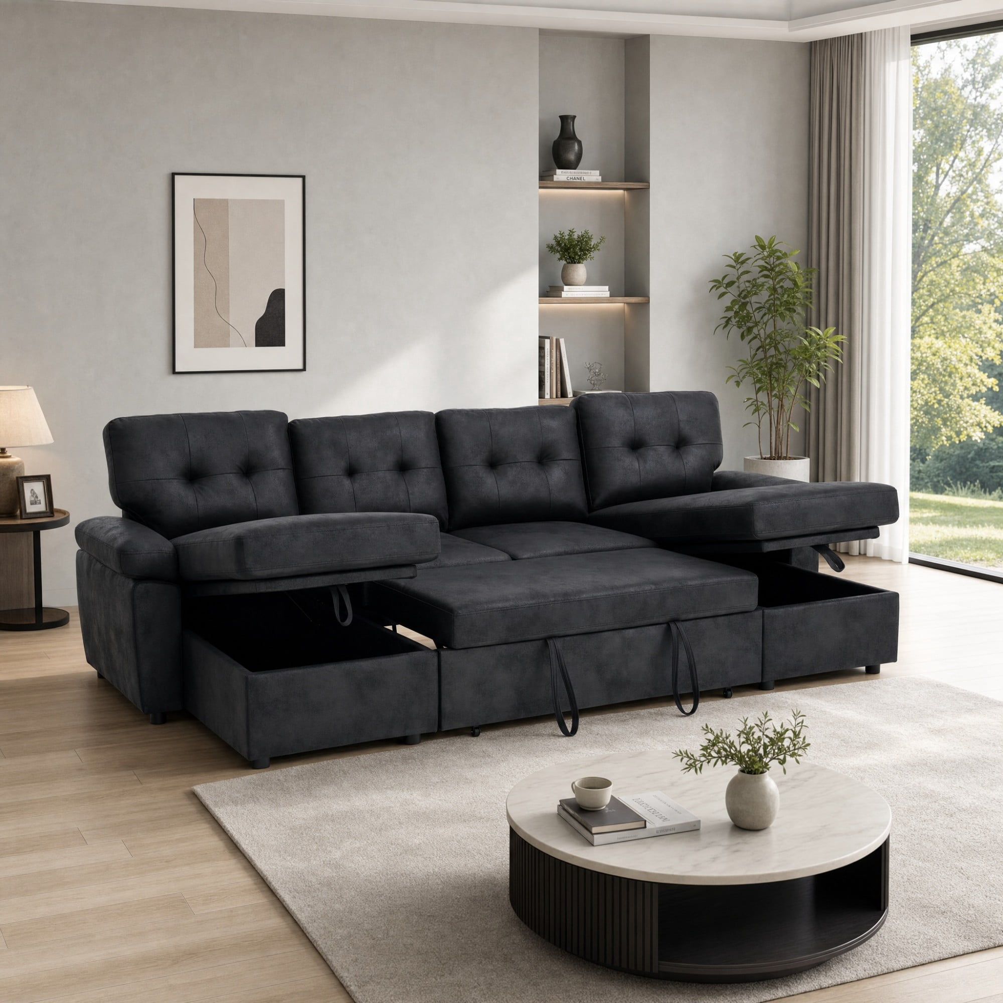 BSHTI 112" Polyester Fabric U-Shaped Sectional Sleeper Sofa Bed with Pull-Out Bed,Tufted Back Cushions and Storage Chaise for Living Room(Black)