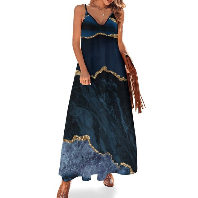 Vestido sin mangas con diseño de geoda moderna de oro azul abstracto, elegante y chic, conjunto elegante para mujer