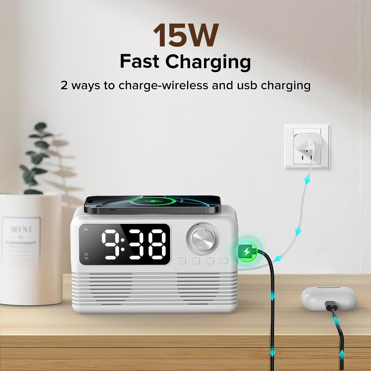 4 in1 Wireless Charging Station with Clock, FM Radio, Bluetooth Speaker, 15W Fast Wireless Charger for i Phone, Android Phones, Clock Radio for Bedroom Easy to Use for Seniors and Kids as Gift