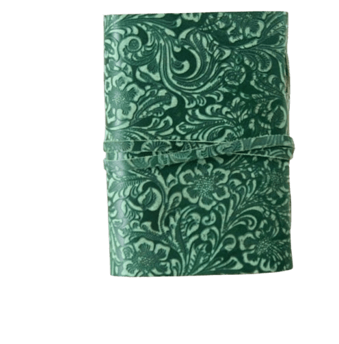 Handmade Embossed Green Leather Journal – 5x7 Inch Vintage Notebook with 200 Handmade Paper Pages, Wrap Closure, Antique Key Charm – Rustic Writing Diary, Sketchbook & Gift