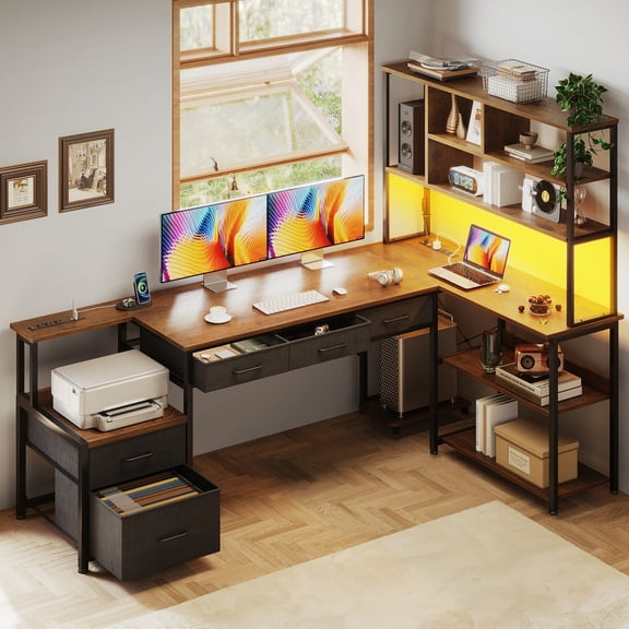 71 inch L Shaped Desk with File Drawers, Reversible L Shaped Gaming Desk with Power Outlets & LED Lights, Computer Desk with Storage Shelves for Home Office, Vintage