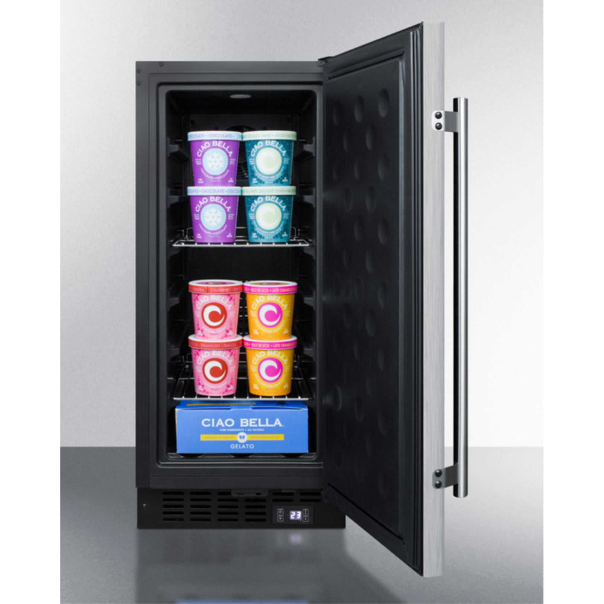 15" wide frost-free freezer for built-in or freestanding use, with reversible stainless steel door and lock