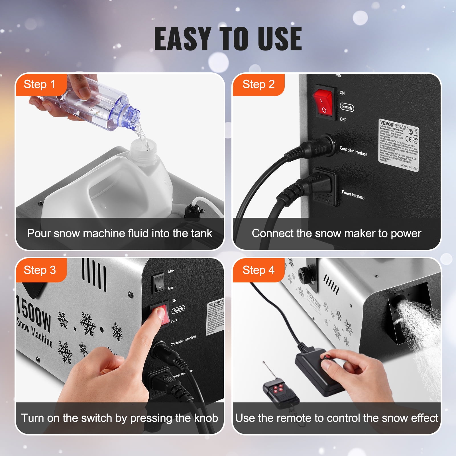 VEVOR Snow Machine, 1500W Snow Maker Machine with 2 Remotes Control and 5L Large Capacity Water Tank, High Output Snowflake Maker Stage Snow Effect for Christmas, Halloween, Wedding, DJ Parties