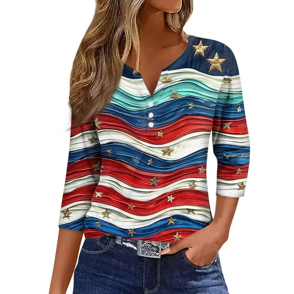 ASDFVBKG Patriotic 3/4 Length Sleeve Women's Shirts V Neck Tshirts Festival Trendy Summer Striped Stars Casual Fashion Fourth Of July Blouses 3XL