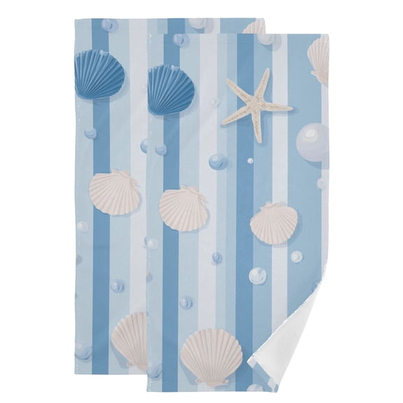 Light Blue Stripes with Shells Pearls Hand Towel Absorbent Bath Towels for Bathroom Sports Gym 28" x 14" Set of 2