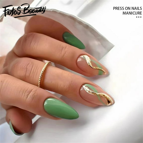 Fofosbeauty 24pcs Press on False Nails Tips, Almond Fake Acrylic Nails, Ripple Green Gold