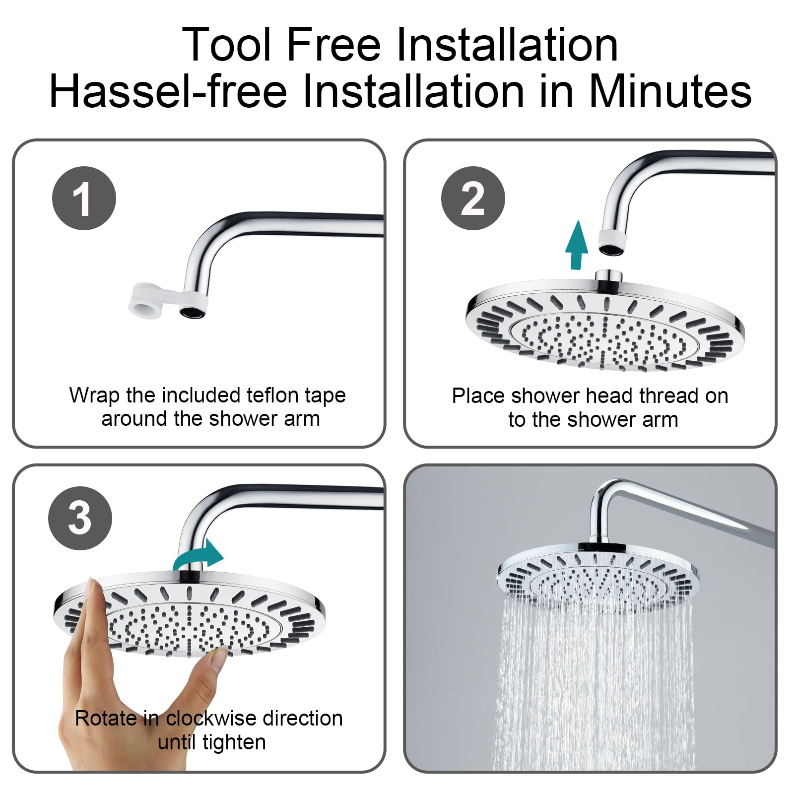 BRIGHT SHOWERS Rain Shower Head, 9 Inch High Pressure Waterfall Showerhead with Adjustable Angle and Anti-clogging Silicone Nozzles, Luxury Bathroom Overhead Rainfall Shower Head, Chrome