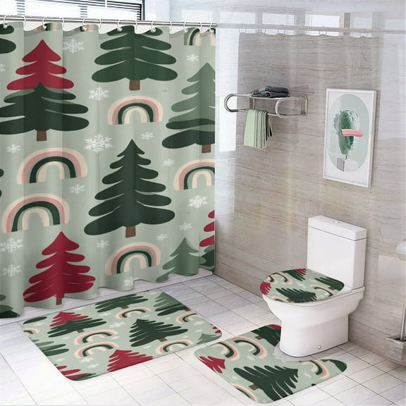 Christmas Tree Printing Shower Curtain Set Modern Bathroom Decor Mats 4pcs Fabric Bathroom Curtain Slip Floor Rug Toilet Lid