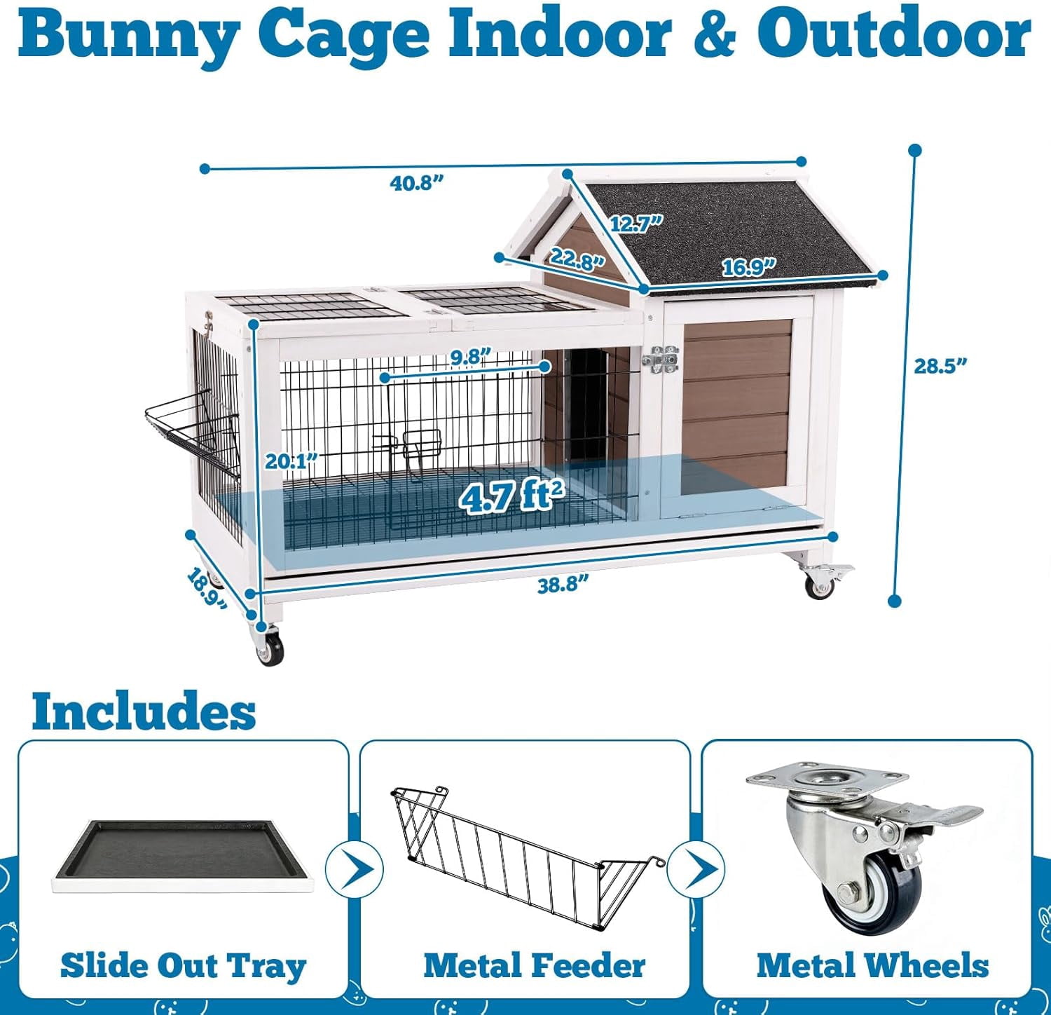 Rabbit Hutch Wooden Bunny Cage Rabbit Cage Outdoor Indoor Bunny Hutch Rabbit House on Wheels Small Animal Cage with 3 Urine Baffles