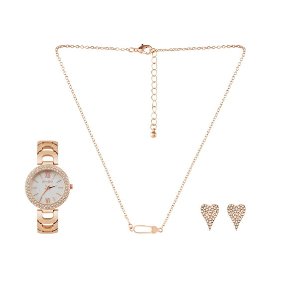 Jessica Carlyle Holiday 2022 Ladies Metal Strap Analog Watch w/ Necklace & Earring Set, Rose Gold