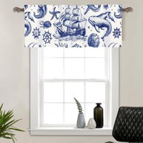 1 Panel Vintage Sailboat Starfish Window Valances, Nautical Compass Pattern Window Treatment Decor Curtains Rod Pocket Valances for Kitchen/Living Room, 54" X 18"