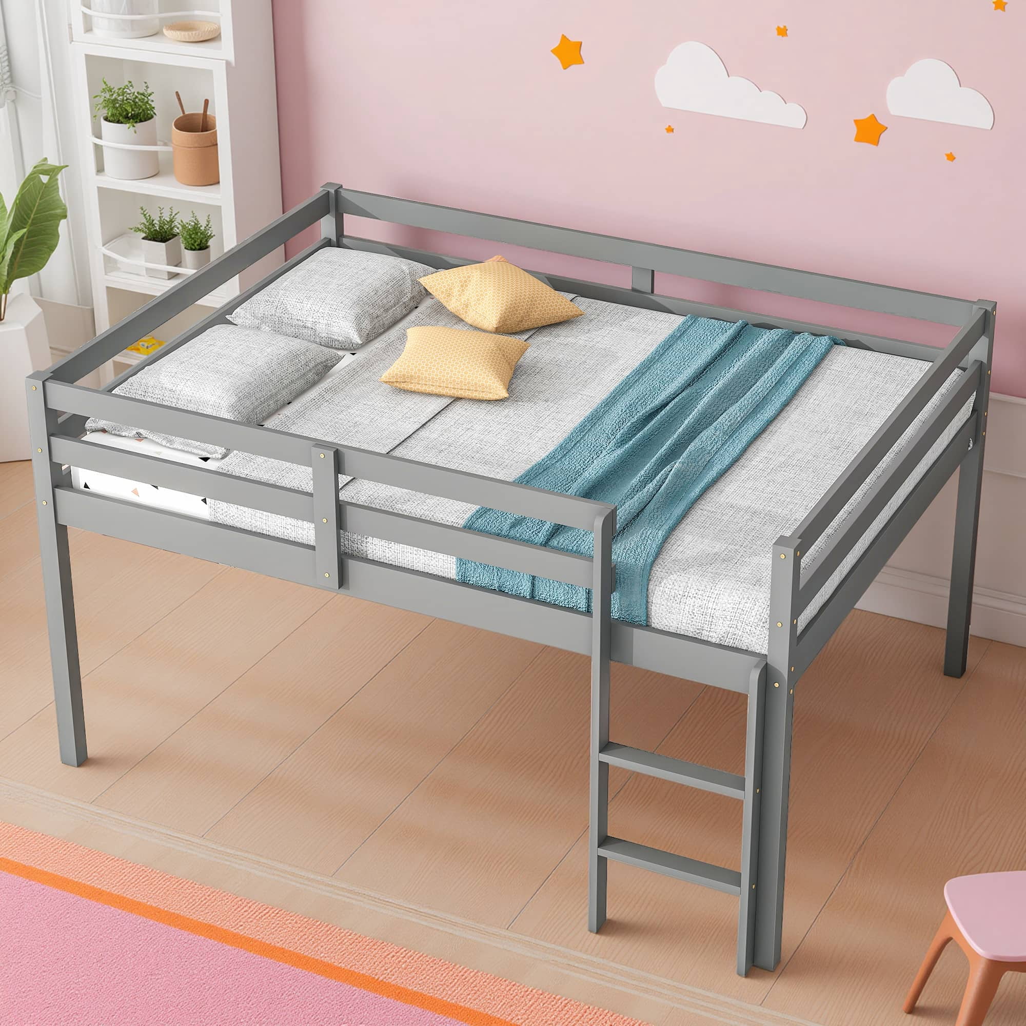 MAYEERTY Full Size Loft Bed with Ladder for Child, Grey