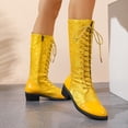 thumbnail image 4 of Rokment Vintage Embossed Mid Calf Combat Boots for Women Ethnic Casual Leather Patchwork Chunky Block Low Heels Lace up Knee High Tall Dress Booties, 4 of 9