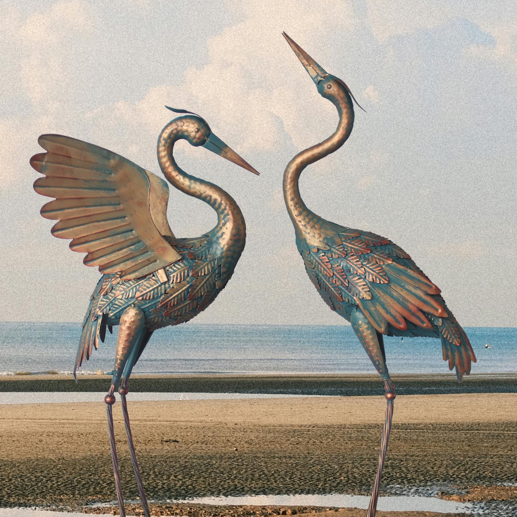 33-37 Inch Metal Crane Garden Statue Décor, Bird Heron Garden Sculpture & Statues, Outdoor Decoration for Yard Pond Lawn Backyard Pool, Vintage Spread Wings Crane, Set of 2 Copper