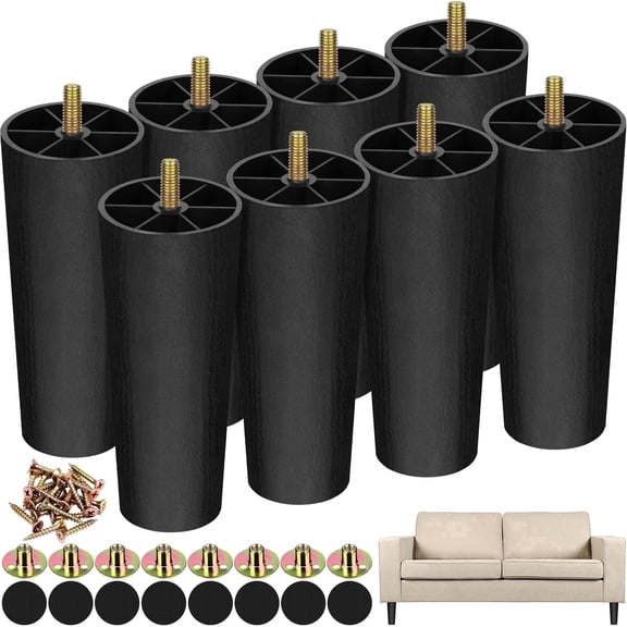 TURSTIN 8 Pack 6 inch Tapered Plastic Furniture Legs, Replacement Sofa Feet with M8 T-nuts Screws for Coffee Table Dresser Bed DIY Projects, Black