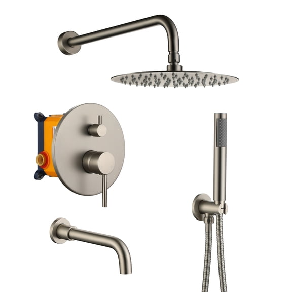 Boyel Living 10 in Shower System Wall Mount Rainfall Shower Head with Handheld Shower and Bathtub Tub Spout,3-function Bathroom Round Shower Combo Set Tub Faucet,Shower Faucet Set in Brushed Nickle