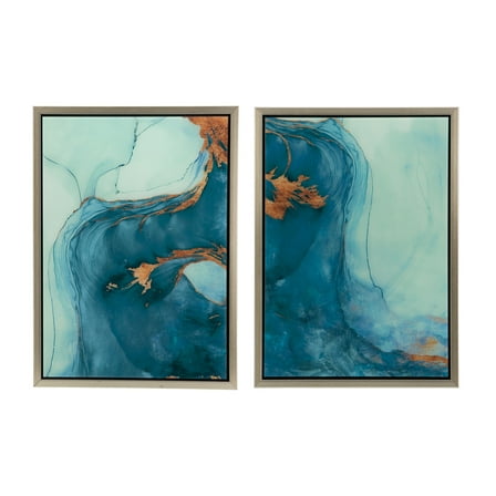 Deep Blue Abstract Framed Printed Acrylic Wall Art - Set of 2 - 24"H x 17.5"W x 1.5"L - Blue/Green/Gold