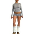 thumbnail image 1 of Diconna Ensemble de Vêtements pour Femmes Shorts Automne Couleur Unie Ajusté Col Rond Manches Longues Crop Tops Shorts 2 Pcs, 1 of 5