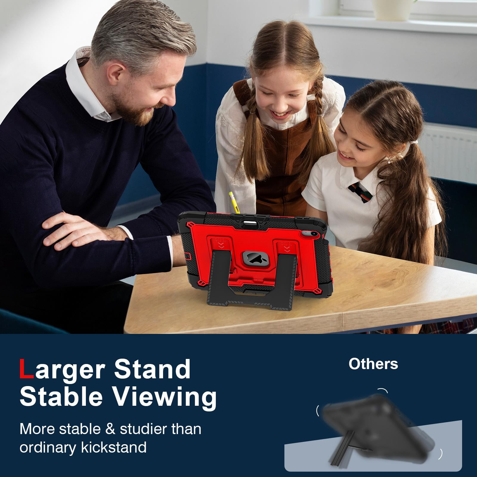 ELEHOLD 3-Layer Rugged Case For Apple iPad Air 11‑inch (M4) 2026, Heavy Duty Shockproof Logo Visible Foldable Kickstand Drop Protection Cover with Pencil Holder + Shoulder Strap, Black+Red