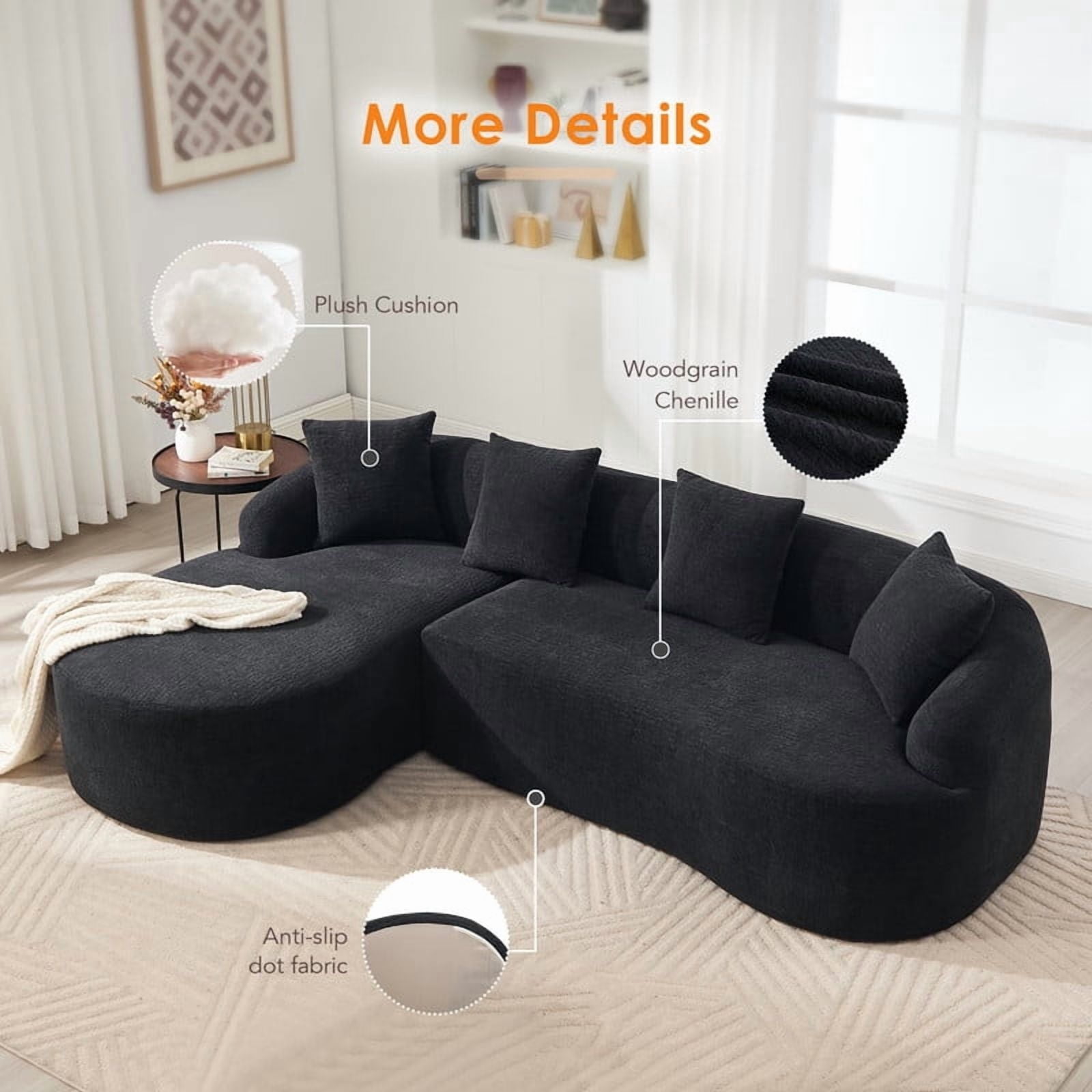 Curved Sectional Sofa with Chaise, 99'' Modern Luxury Chenille Cloud Couch for Living Room, Oversized 3-Seater Sofa Couch for Living Room, No Assembly