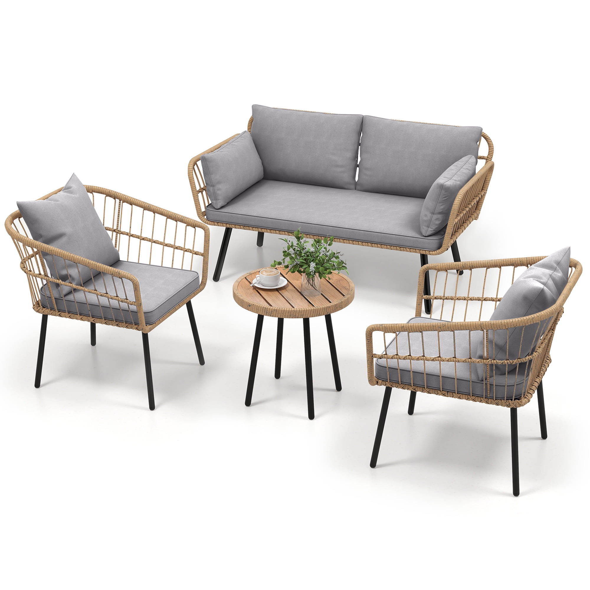 Uforic 4 Pieces Patio Conversation Set,Patio Furniture Set of Rattan Bistro Set with Loveseat Chair - Gray