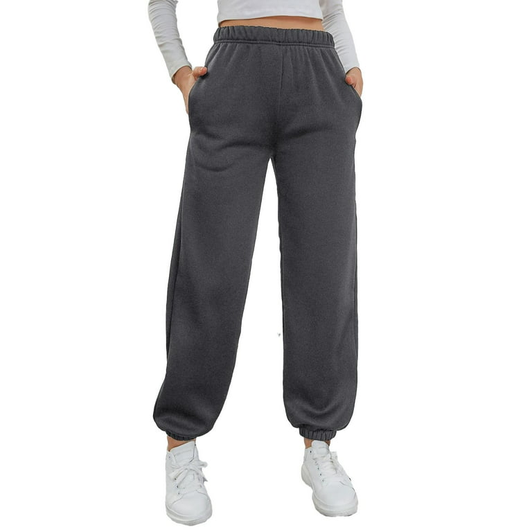 Womens Elastic Waist Sweatpants Plain Long Regular Fit Dark Grey XS 