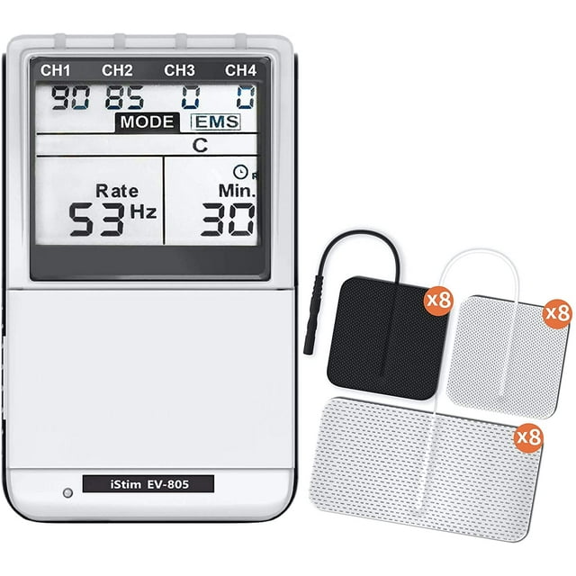 Unidad Estimulador Muscular iSTIM EV-805 Recargable 4 Canales Alivio de Dolor 24 Programas Retro iluminado con Almohadillas de Electrodos Blanco iStim EV-805