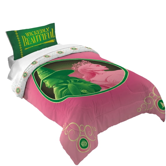 Wicked Kids 2 Piece Pink Green White Reversible Comforter and Pillowcase set, Twin/full