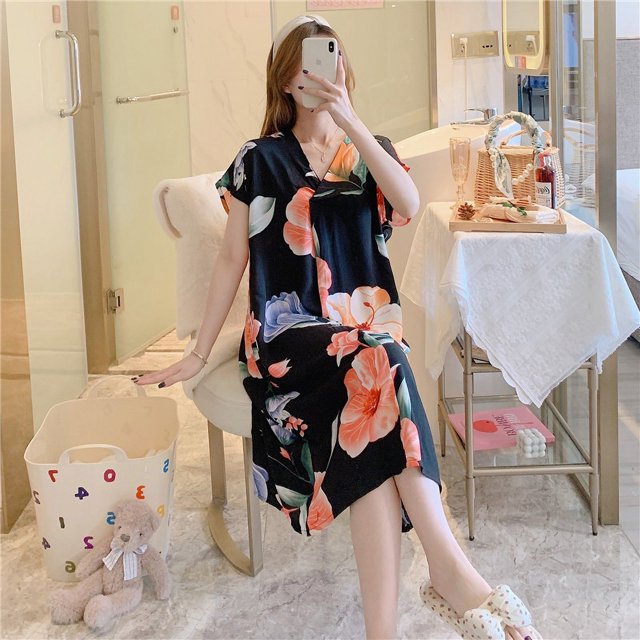 Camisón de seda de algodón para mujer, pijama de verano de manga corta con estampado de dibujos animados, estilo de talla grande, suelto, de seda de algodón, ropa de casa fina