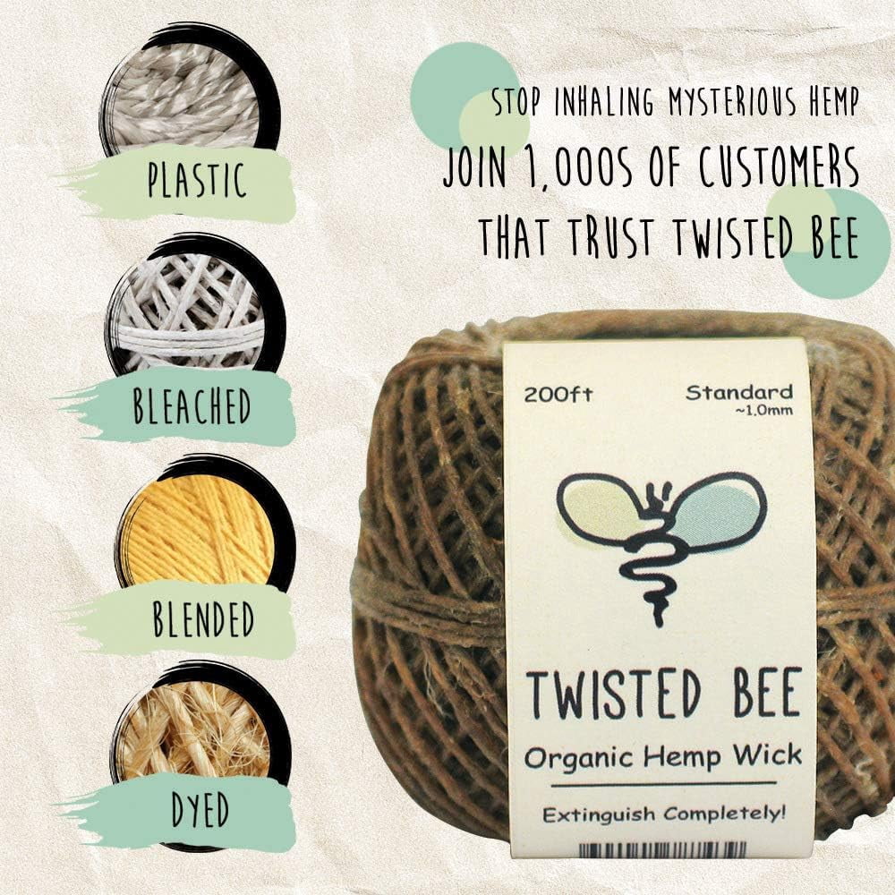 100% Organic Hemp Wick with Natural Beeswax Coating, Twisted Bee (200ft x Standard Size)