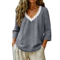 thumbnail image 6 of Paiwinds Women's V Neck Lace Trim Top Casual Solid Color 3/4 Sleeve Loose Fit Cotton Linen Blouse Summer Tunic Shirt, 6 of 9