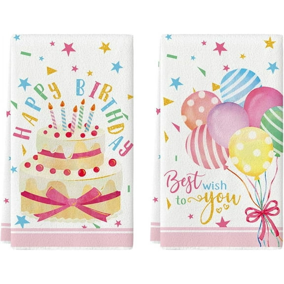 Cake Balloons Happy Birthday Kitchen Towels Dish Towels, 18x26 Inch Seasonal Best Wish Decoration Hand Towels Set of 2