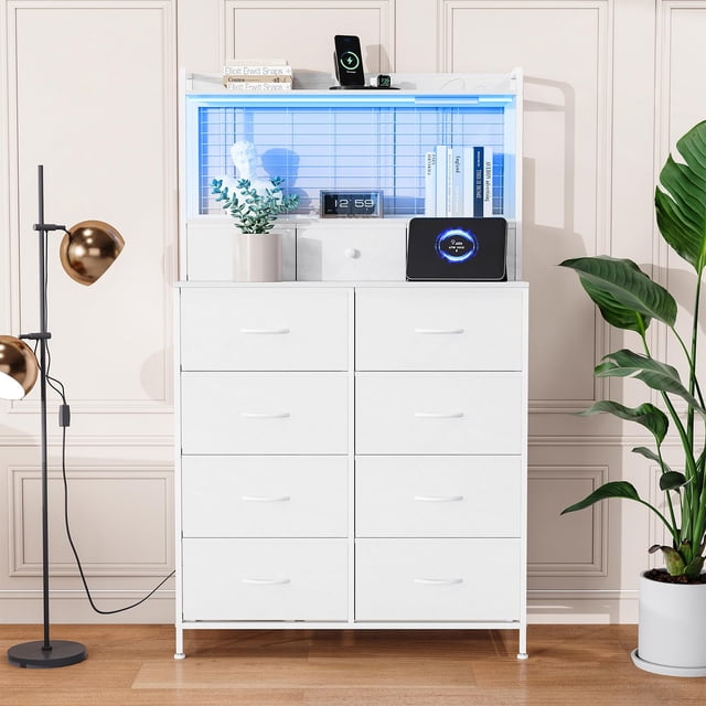 Commode Intelligente à 11 Tiroirs en Tissu avec Station de Recharge Intégrée, Recharge Sans Fil et Lumières DEL RVB, Conception Industrielle Anti-Basculement, Armoire de Rangement pour Chambre en Plusieurs Couleurs